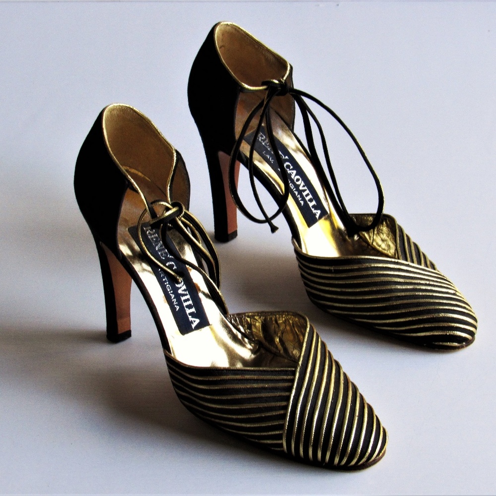 Rene Caovilla Black & Gold Ankle Tie Heels